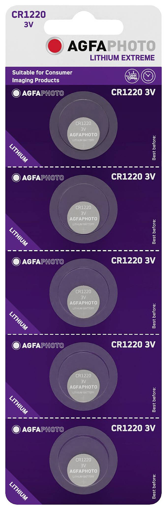 Verpackung mit fünf AGFAPHOTO Lithium CR1220 Batterien, 3V, für Verbraucherprodukte. Lila Hintergrund, weiße Schrift.