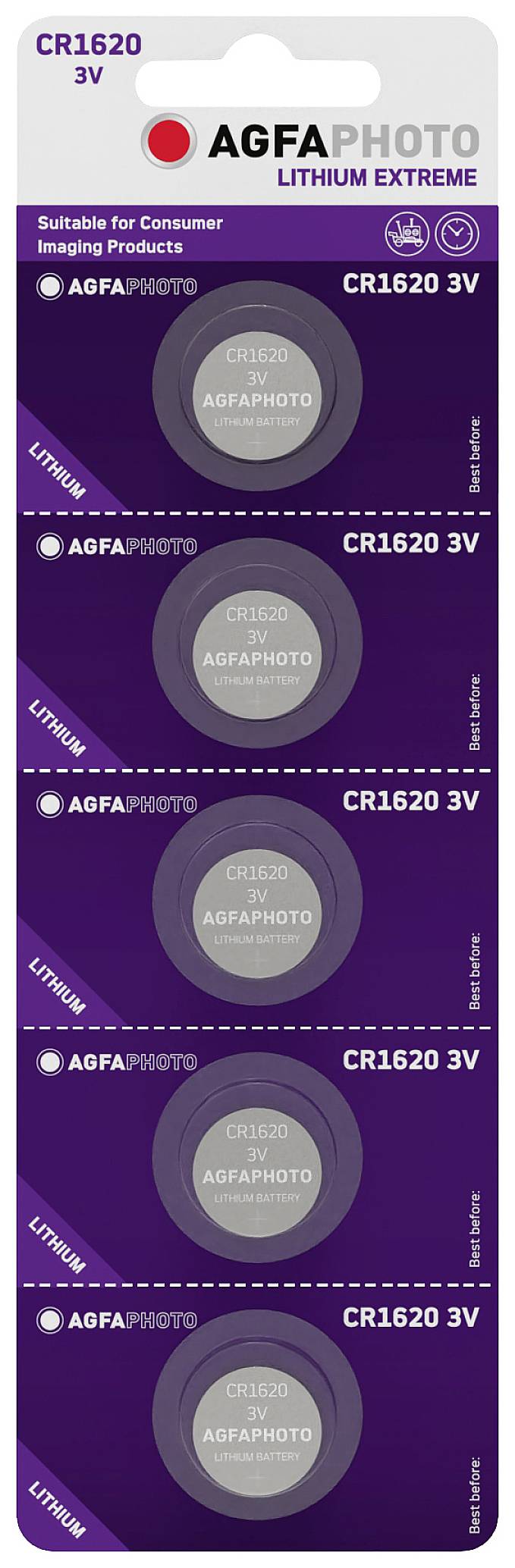 AGFA Lithium Extreme Batterien CR1620 3V, geeignet für Elektronikprodukte, fünf Stück in violetter Blisterverpackung.