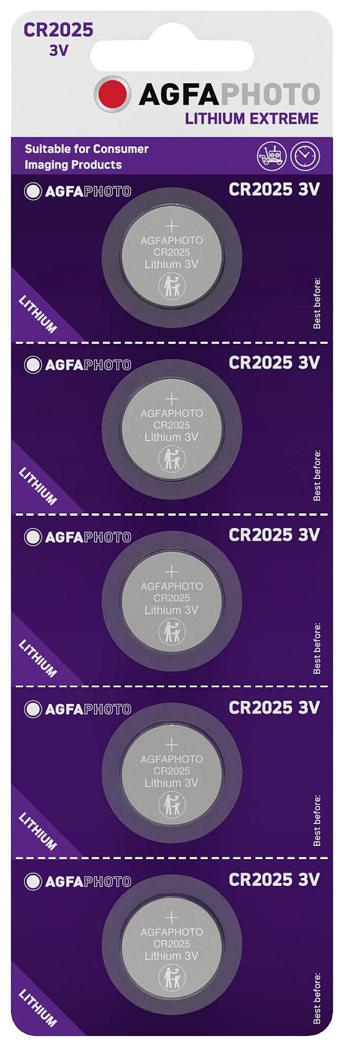 Fünf AGFA Photo Lithium Extreme Batterien CR2025, 3V, auf lila Blisterverpackung. Geeignet für Consumer Imaging Produkte.