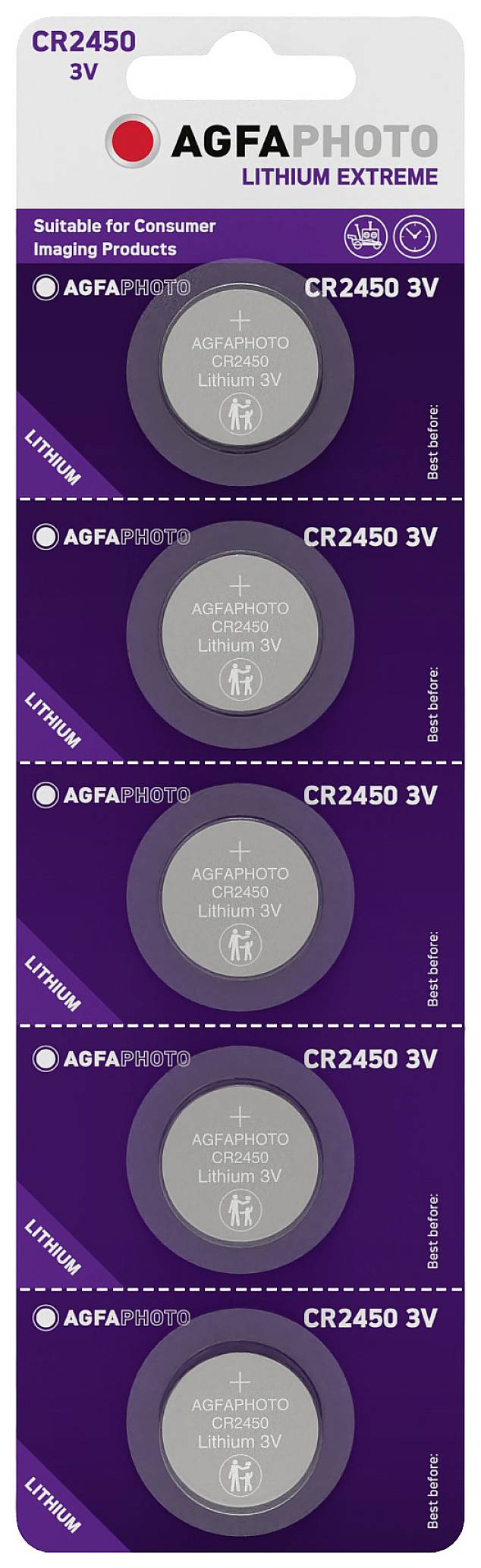 'AGFAPHOTO Lithium Extreme CR2450 3V' Knopfzellen-Batterien, 5 Stück auf einer Karte, geeignet für Consumer Imaging Produkte.