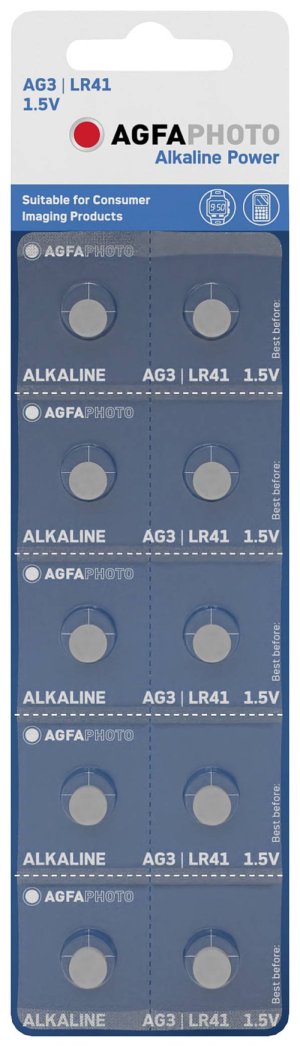 'AGFA PHOTO' Knopfzellen Verpackung mit 10 AG3/LR41 Alkali-Batterien, je 1,5V. Battery-Pack geeignet für Konsumentenbildprodukte.