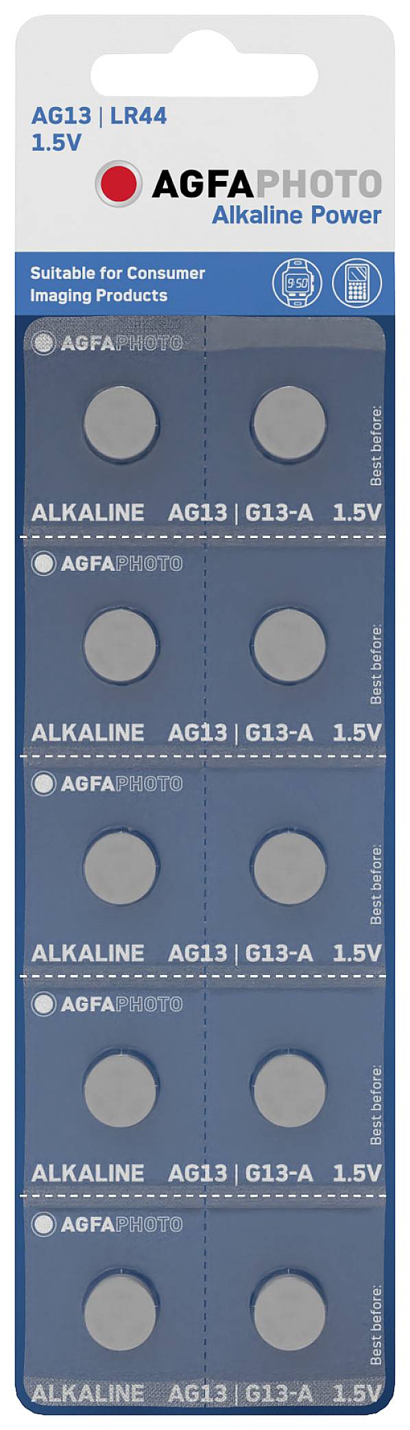 Blisterpackung mit zehn AG13/LR44 Alkaline Knopfzellen von AGFAPHOTO, 1,5 V, geeignet für Consumer Imaging Produkte.