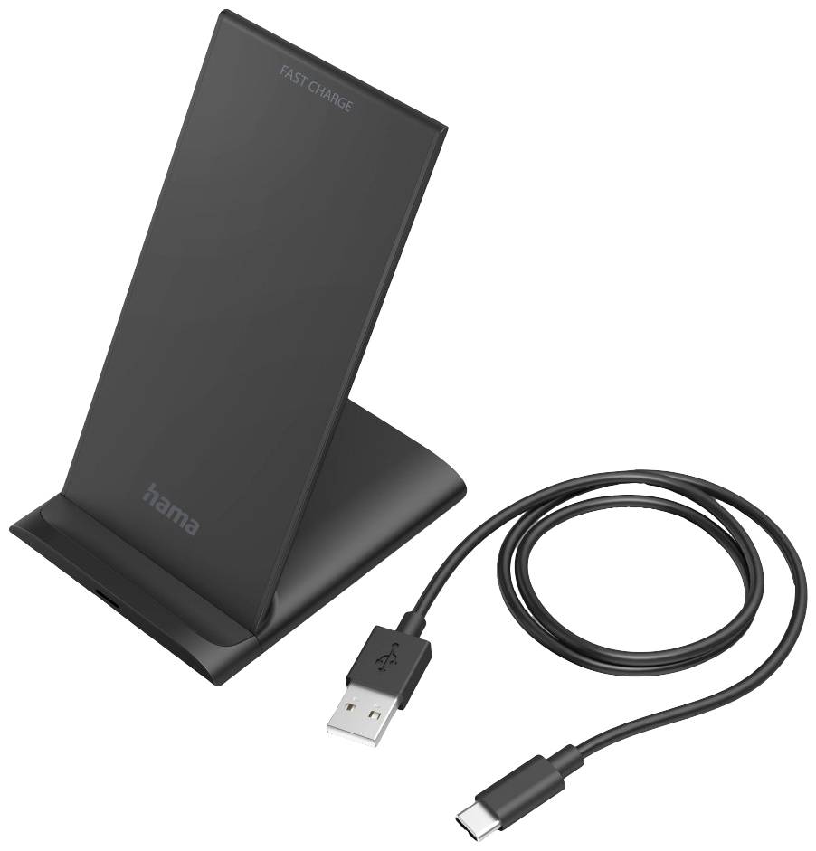 Schwarzes kabelloses Ladegerät mit USB-Kabel, aufrechter Ständer, Aufschrift 'Fast Charge', Marke Hama, geeignet für Smartphones.
