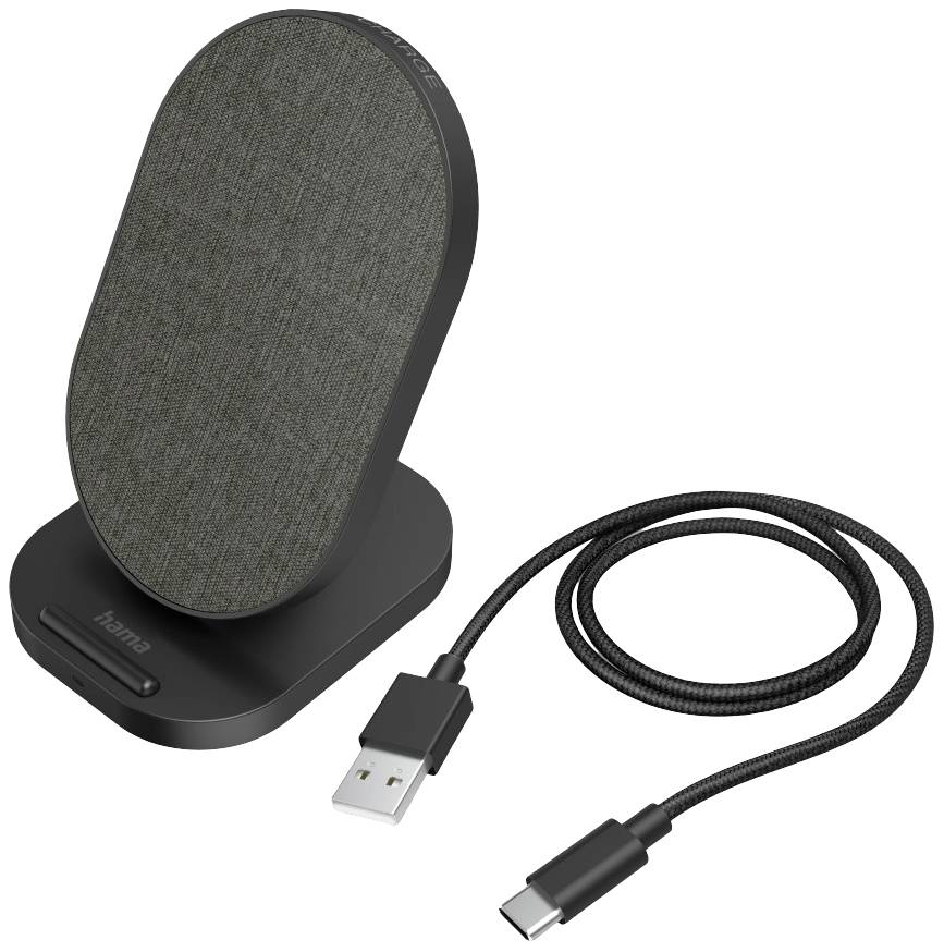 Schwarzes kabelloses Ladegerät mit Stoffoberfläche und zugehörigem USB-Kabel. Geeignet zum Aufladen kompatibler Geräte.