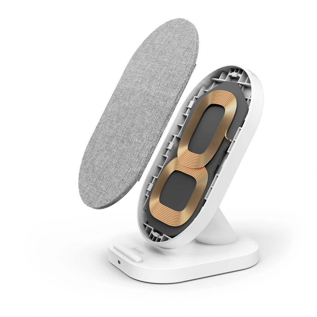 Ein weißer, aufrecht stehender kabelloser Ladegerät mit abnehmbarer Abdeckung. Innen sind Kupferspulen sichtbar.