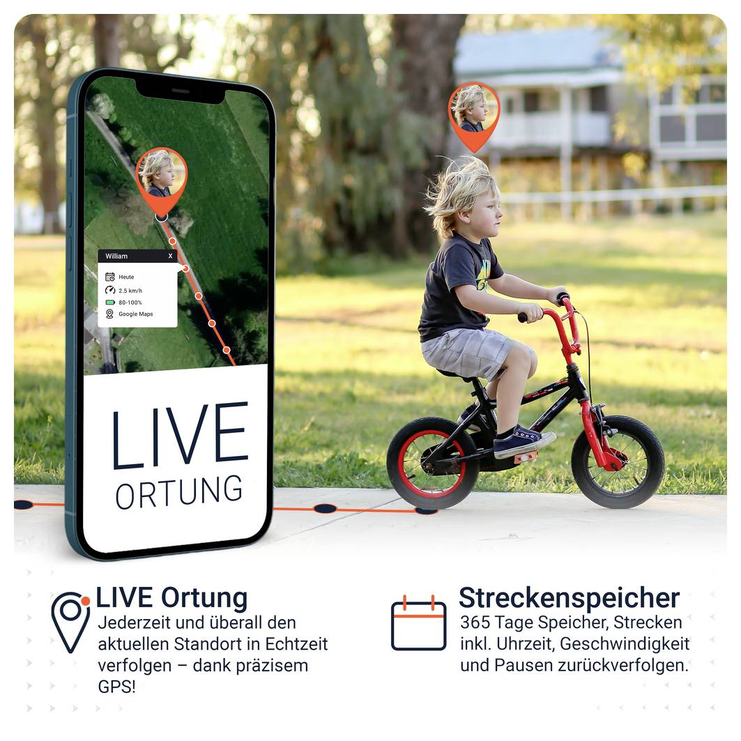 Werbung für die App 'LIVE Ortung': Smartphone zeigt Standortverfolgung eines Kindes auf dem Fahrrad; Text nennt 365 Tage Speicher, Strecken, Uhrzeit, Geschwindigkeit und Pausen.