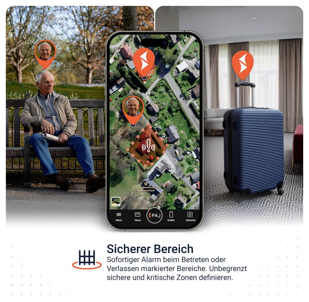 Werbegrafik zu 'Sicherer Bereich': Smartphone-Karte markiert sichere Zonen mit Alarm, daneben Person im Freien und Koffer im Zimmer mit Standort-Markern.