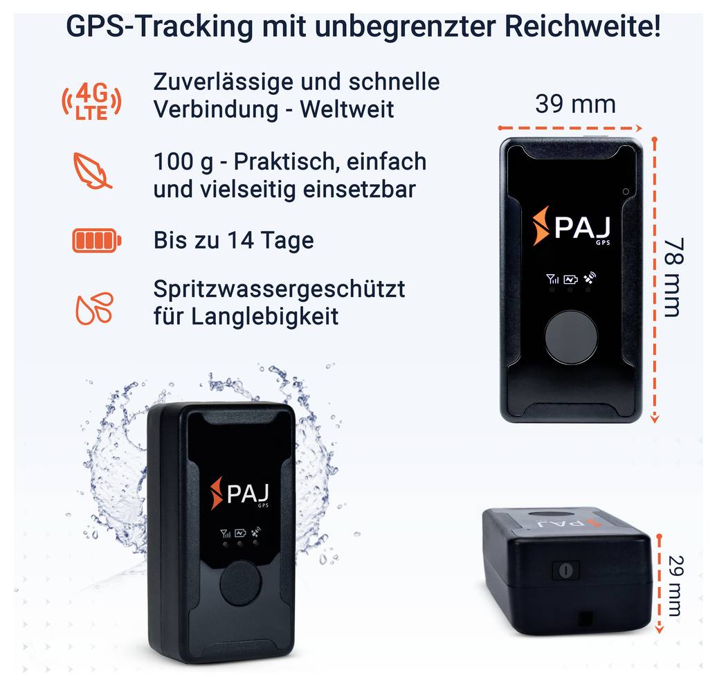 Werbegrafik für einen PAJ GPS-Tracker mit den Merkmalen 4G/LTE, weltweite Verbindung, 100 g, bis zu 14 Tage Akku und spritzwassergeschützt; zeigt das Gerät in mehreren Ansichten mit Maßen 39 × 78 × 29 mm.