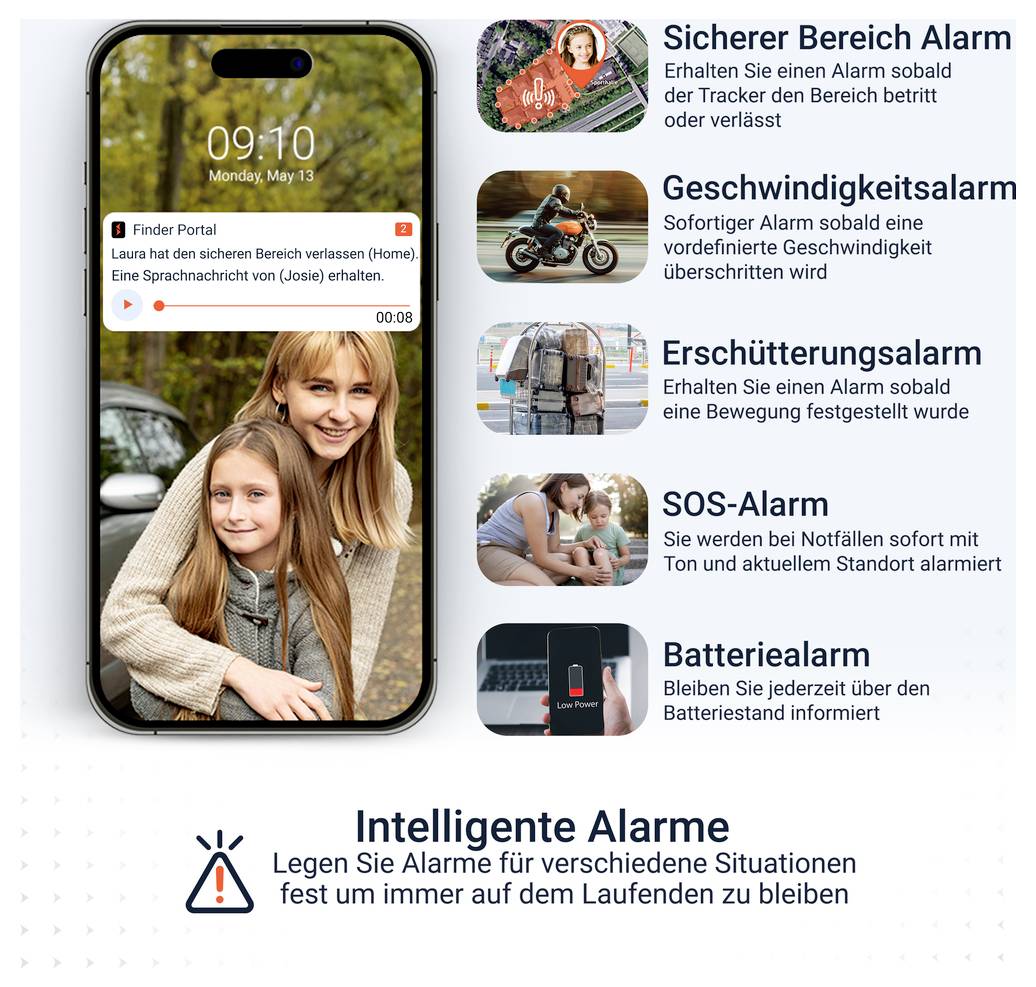 Werbegrafik zu 'Intelligente Alarme': Smartphone mit Alarmbenachrichtigung und Liste von Alarmarten wie sicherer Bereich, Geschwindigkeit, Erschütterung, SOS und Batterie.