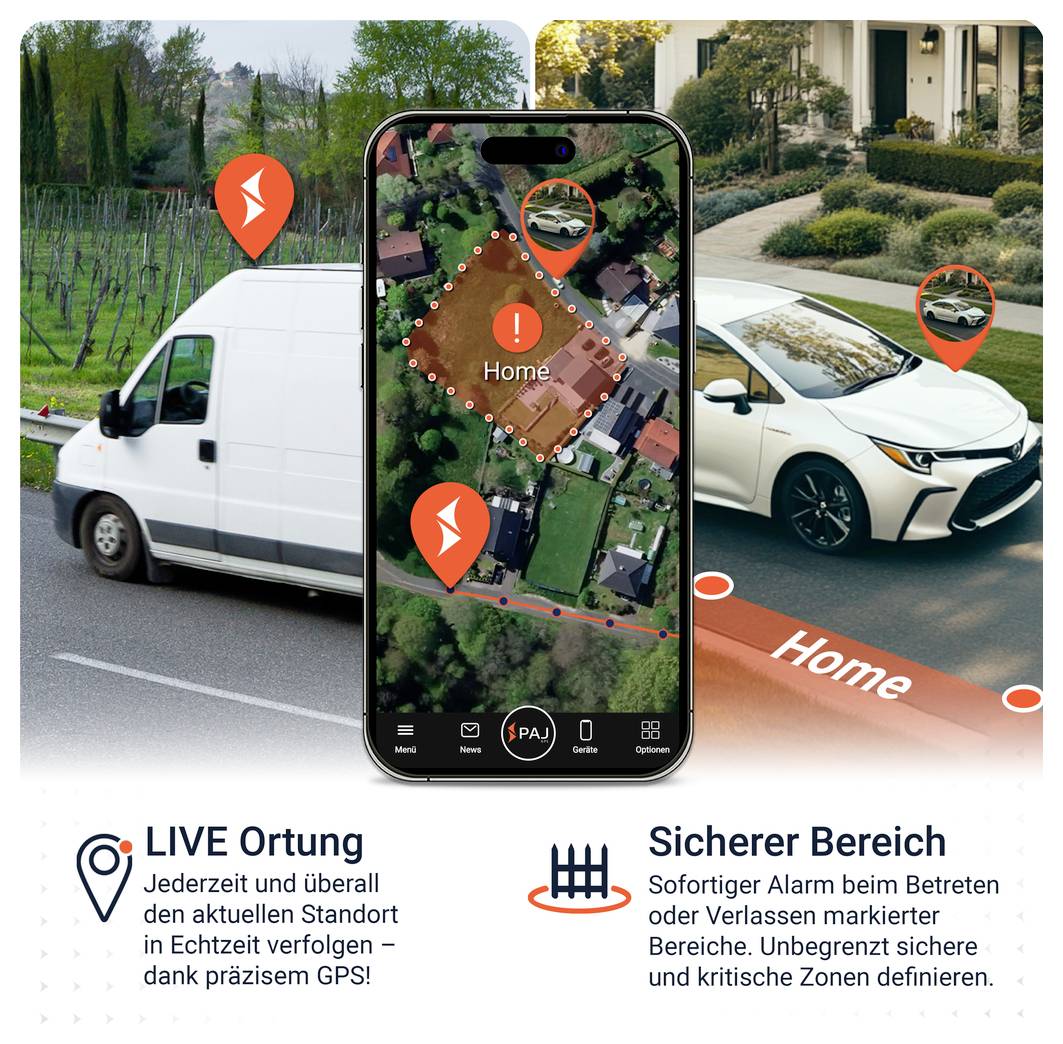 App zur Live-Ortung: Smartphone zeigt Fahrzeugstandort auf Karte mit markiertem 'Home' und Sicherheitszonen; Warnung bei Betreten oder Verlassen eines Bereichs.