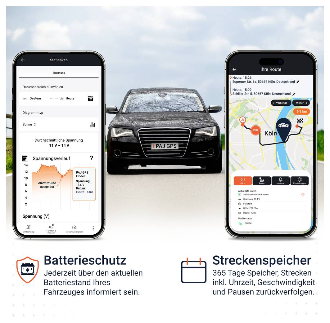 Werbegrafik mit Auto zwischen zwei Smartphones: links Batteriestatus-Statistik, rechts Streckenspeicher mit Kartenroute; unten beworben: Batterieschutz und 365 Tage Fahrdaten.