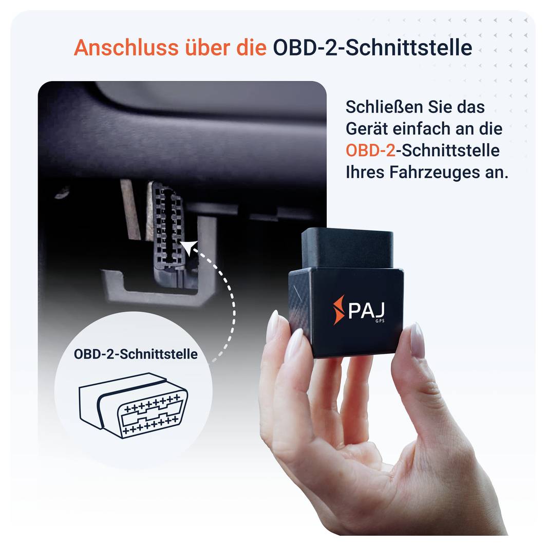 Anschluss eines PAJ-GPS-Geräts an die OBD-2-Schnittstelle im Auto; Hinweis: 'Schließen Sie das Gerät einfach an die OBD-2-Schnittstelle Ihres Fahrzeugs an.'