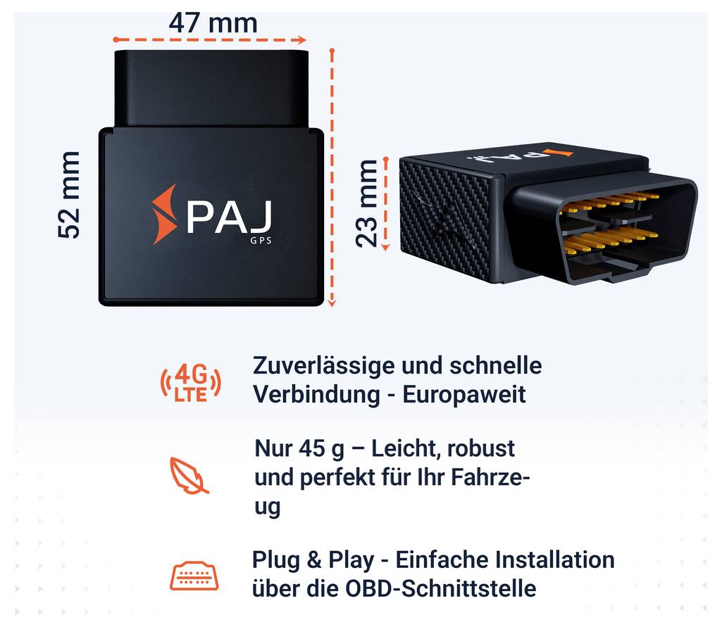 Produktgrafik eines PAJ GPS-OBD-Trackers mit Maßen 47 x 52 x 23 mm; bewirbt 4G/LTE, 45 g, Plug & Play und einfache OBD-Installation.