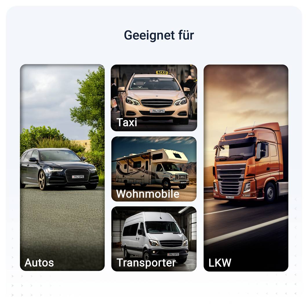 Übersicht 'Geeignet für' mit Fotos von Autos, Taxi, Wohnmobil, Transporter und LKW als Anwendungsbeispiele.