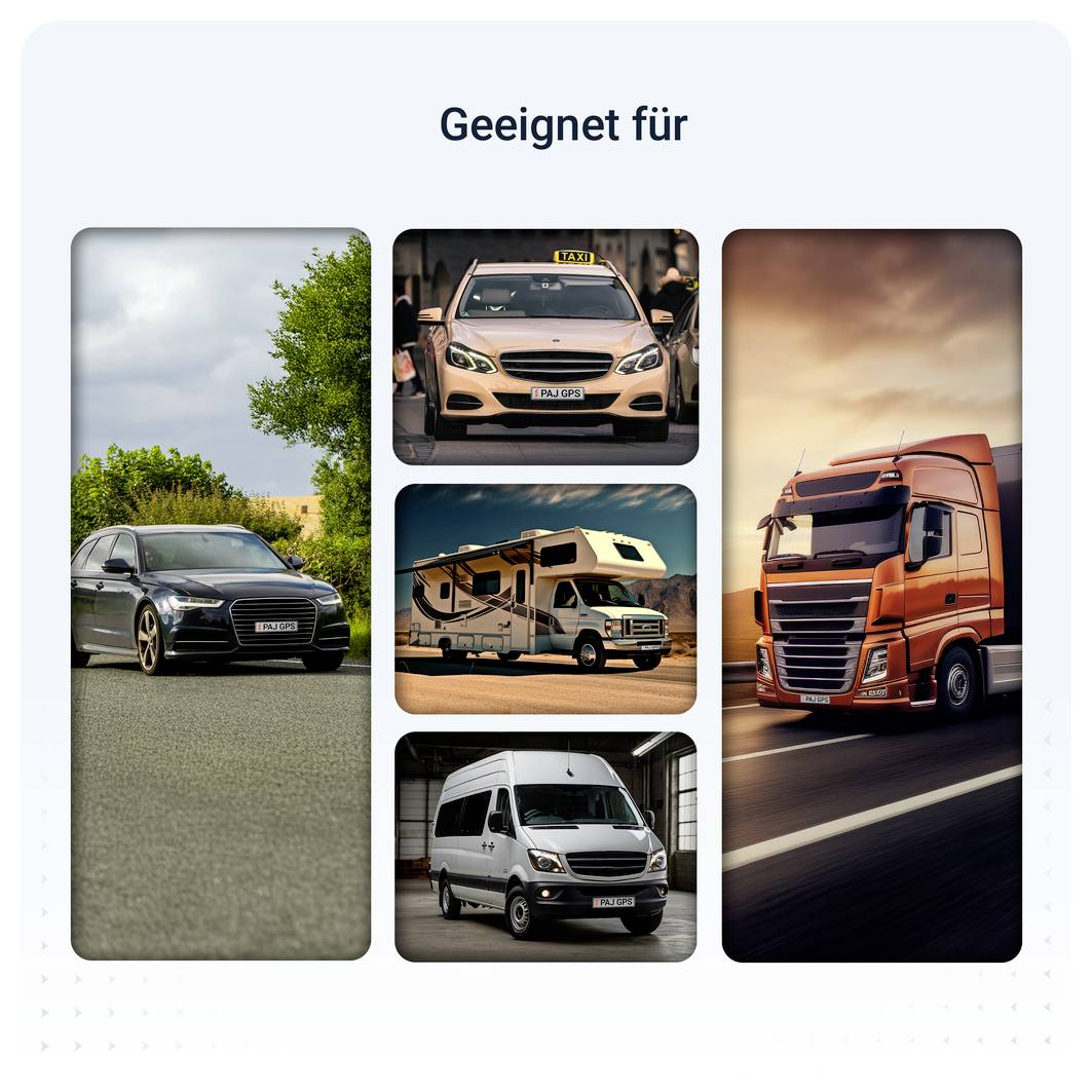 Übersicht 'Geeignet für' mit fünf Fahrzeugen: Pkw, Taxi, Wohnmobil, Transporter und Lkw.