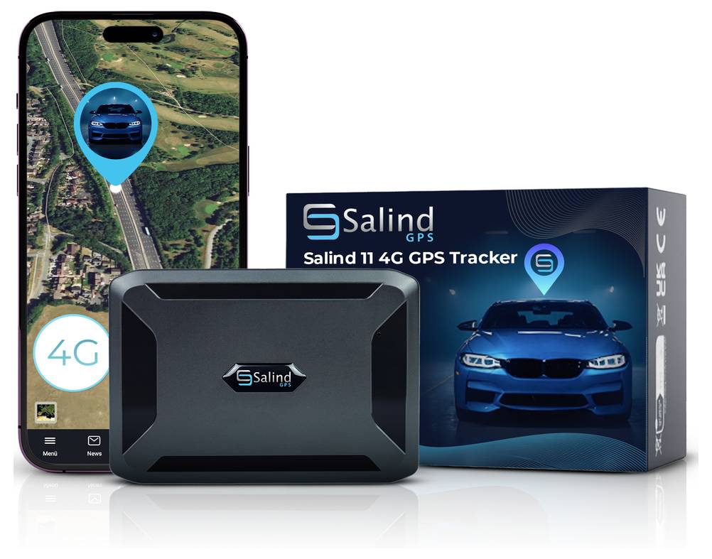 Produktbild eines Salind 11 4G GPS-Trackers mit Verpackung und Smartphone-App; Ortung eines Autos wird gezeigt.