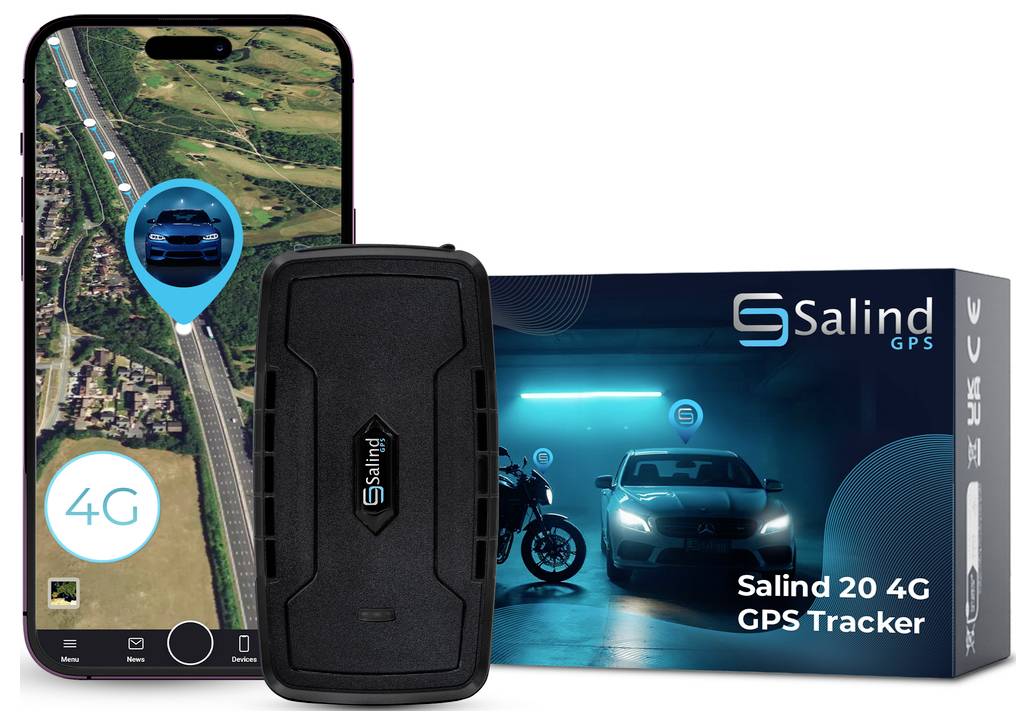 Werbegrafik für 'Salind 20 4G GPS Tracker': schwarzer Tracker vor Smartphone mit Kartenansicht und Produktverpackung.