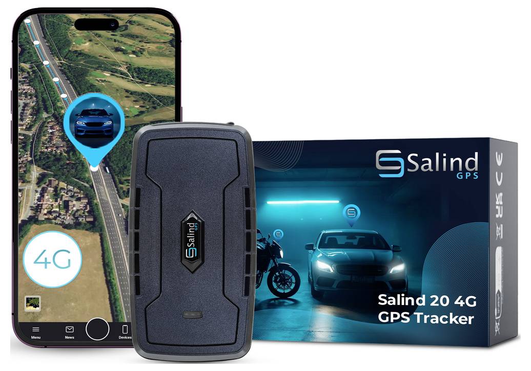 Produktbild eines Salind 20 4G GPS Trackers mit Gerät, Verpackung und Smartphone-App-Karte zur Ortung von Fahrzeugen.
