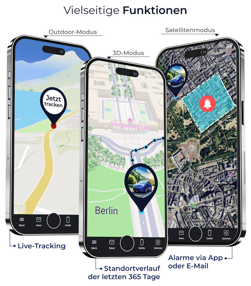 Werbegrafik mit drei Smartphone-Ansichten: Outdoor-Modus mit 'Jetzt tracken', 3D-Modus mit Standortverlauf der letzten 365 Tage und Satellitenmodus mit Alarmen via App oder E-Mail.