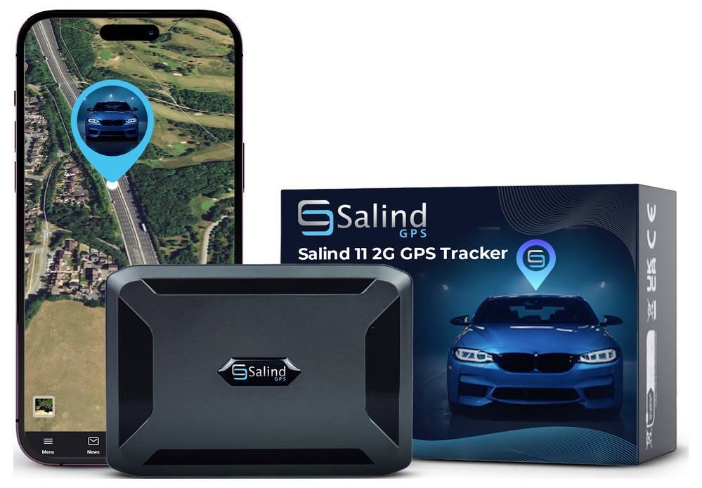 Produktbild eines Salind GPS-Trackers mit Verpackung und Smartphone-App: Ortung eines Autos auf einer Karte.