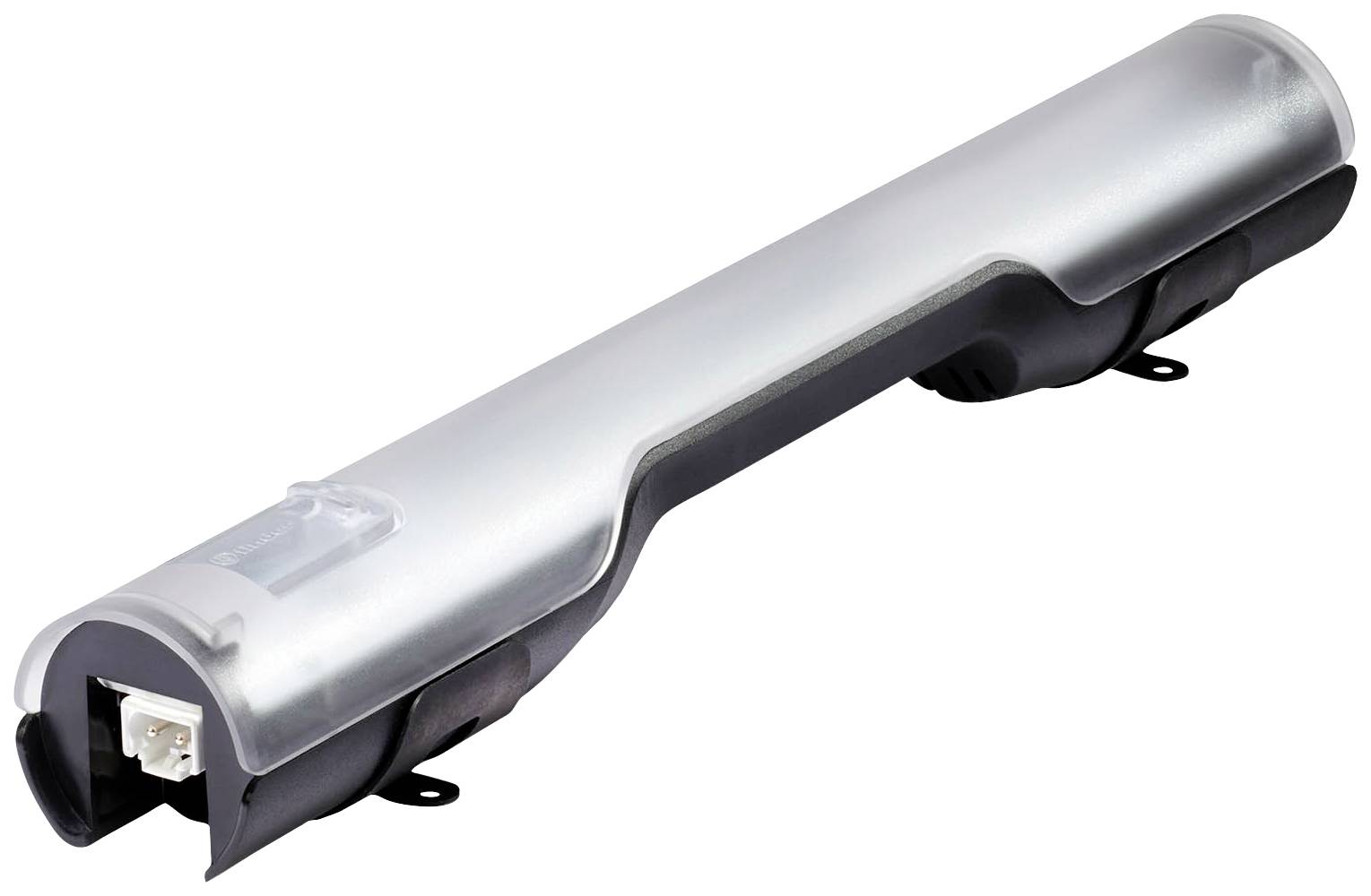 Silberne, längliche Batterie für E-Bikes, mit schwarzem Boden und sichtbarem Anschlussstecker links.