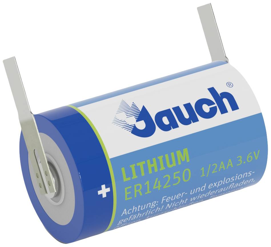 Lithium-Batterie ER14250 von Jauch, 3,6V, mit Warnung: 'Achtung: Feuer- und explosionsgefährlich. Nicht wiederaufladen.'