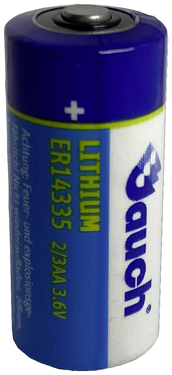 Lithium-Batterie der Marke 'Varta', Typ ER14335 2/3AA, 3.6V, mit blauer und weißer Ummantelung und Plus-Pol oben sichtbar.