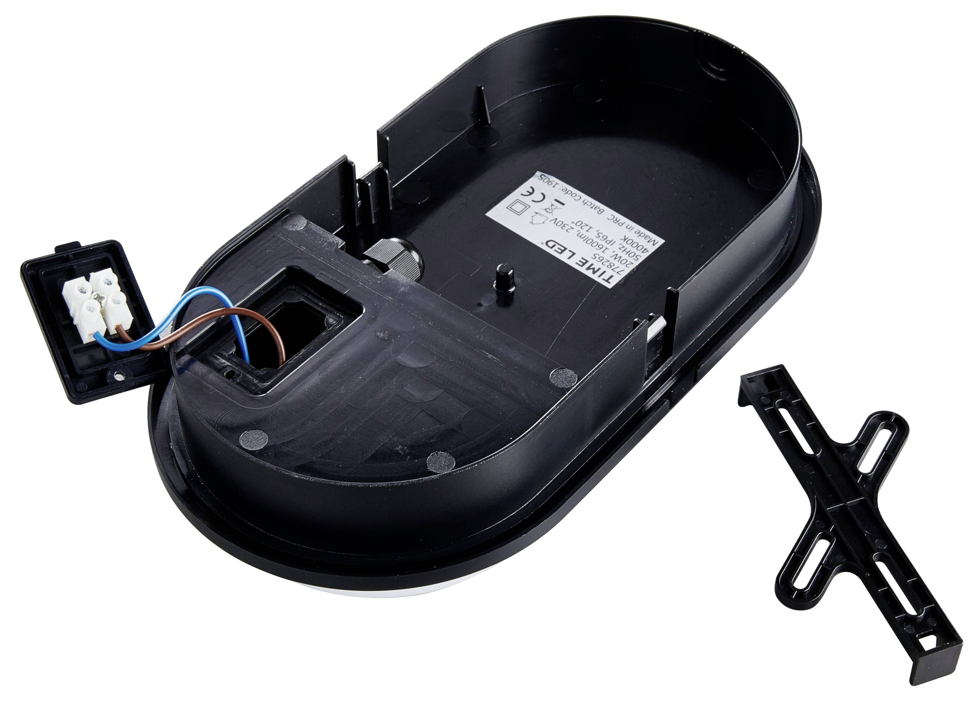 Eine schwarze ovale Lampenfassung aus Kunststoff, geöffnet mit sichtbaren Kabeln und einem herausnehmbaren Halter.