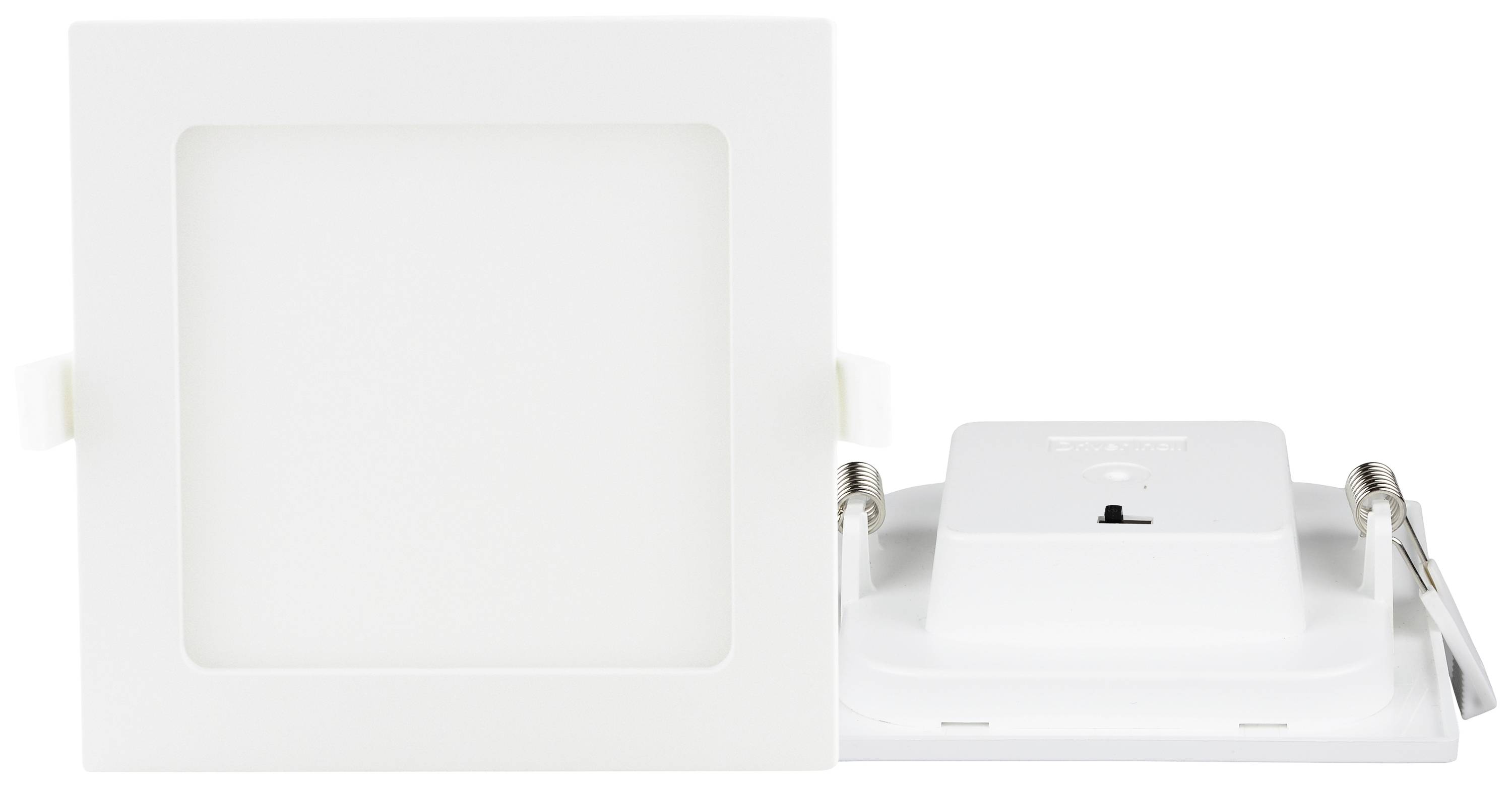 Quadratische LED-Deckenleuchte in Weiß, Vorderansicht auf den leuchtenden Bereich und Rückansicht mit Halterungen und Anschluss.