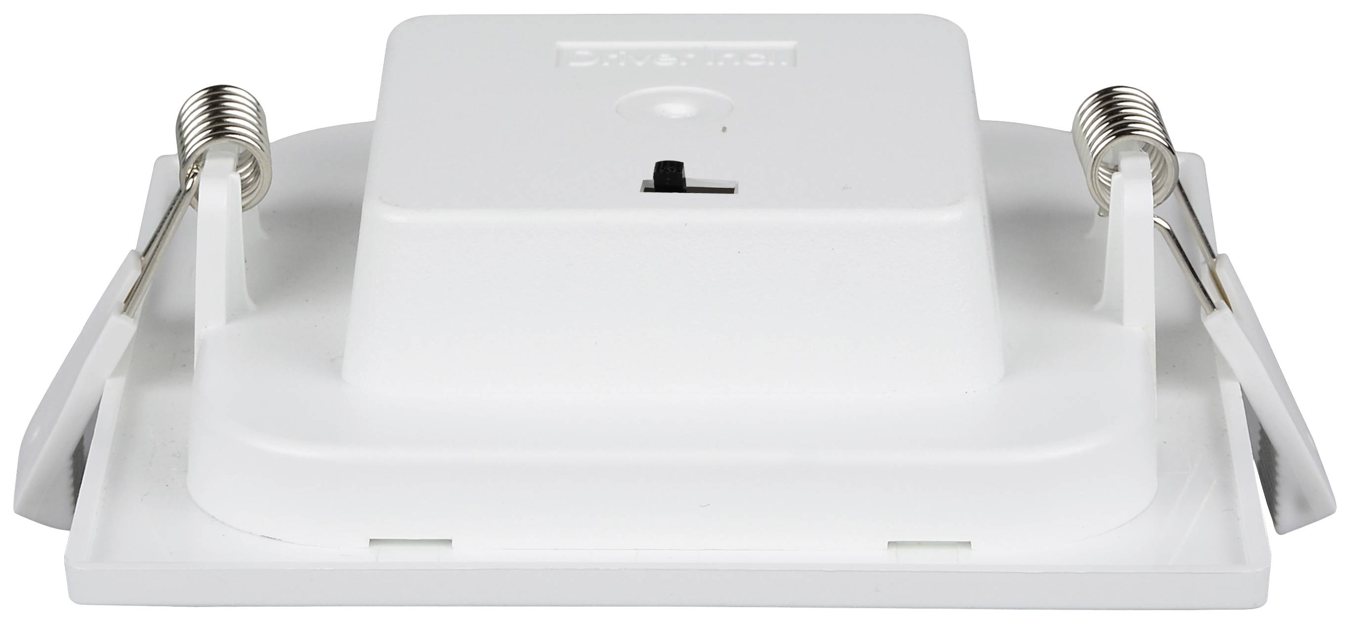 Weiße, quadratische LED-Einbauleuchte mit zwei Metallfedern, von unten betrachtet. Geeignet für Deckeninstallation.