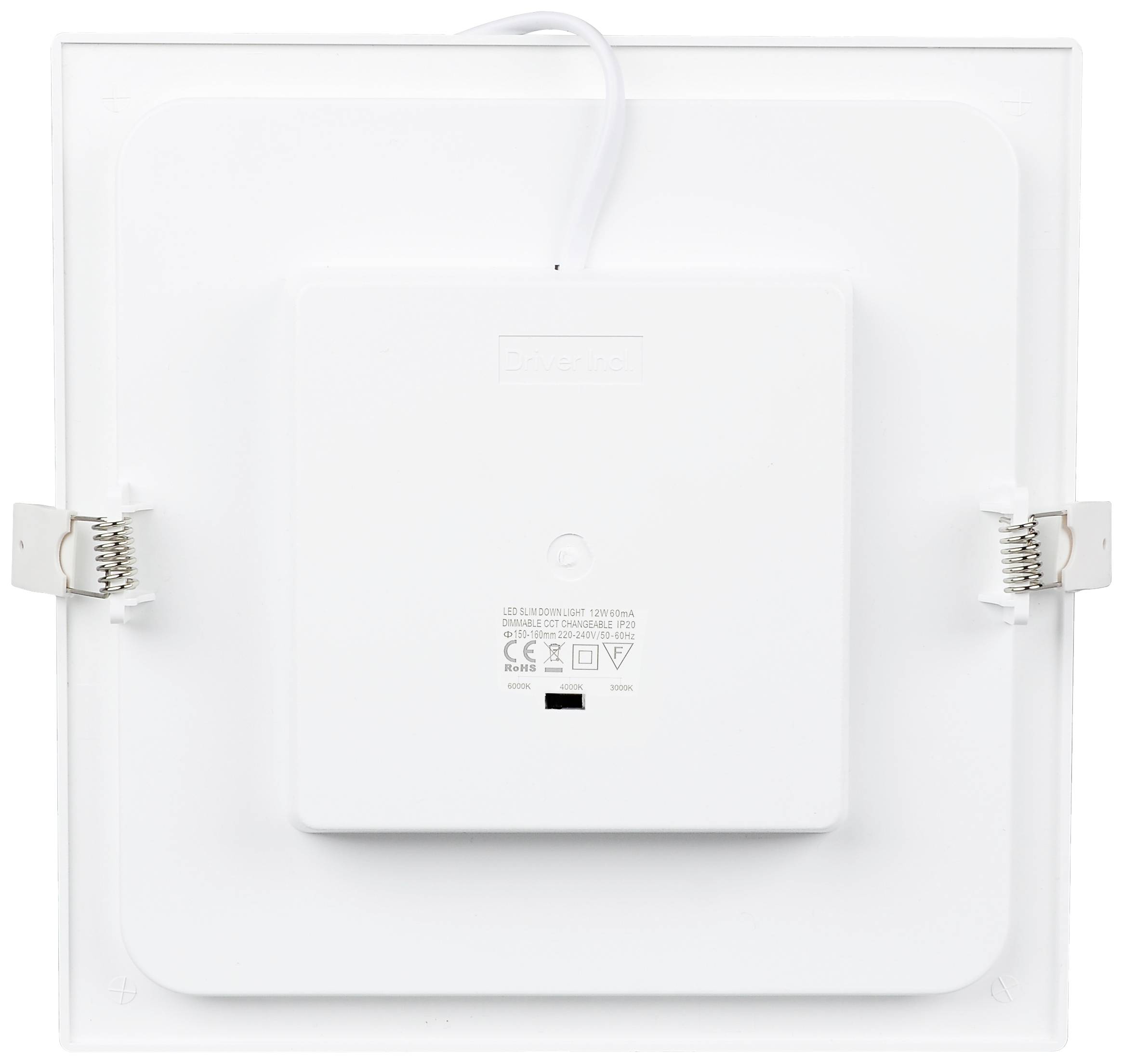 Rückansicht einer quadratischen, weißen LED-Deckenleuchte mit Stromanschluss oben und zwei Befestigungsklammern seitlich.