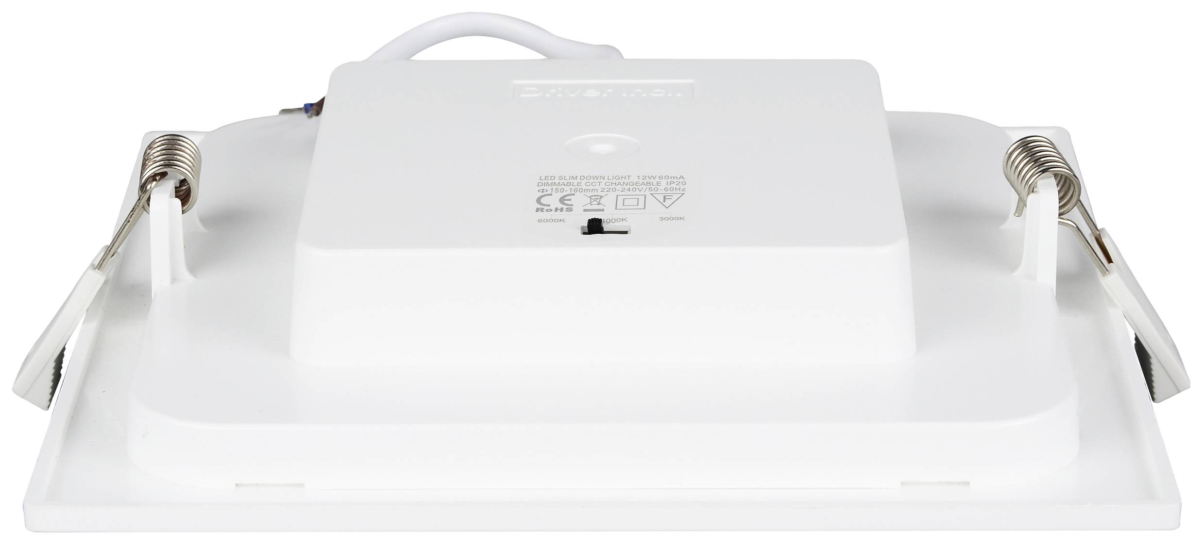 Ein rechteckiger LED-Deckenstrahler in Weiß, gezeigt von der Rückseite. Sichtbar sind zwei Federn zur Befestigung an der Decke.