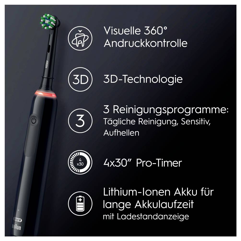 Elektrische Zahnbürste mit visueller 360° Andruckkontrolle, 3D-Technologie, 3 Reinigungsprogrammen und Lithium-Ionen-Akku.