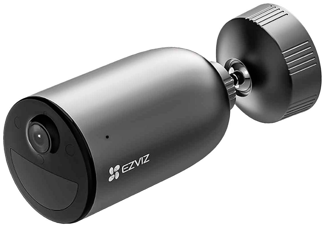 Schwarze CCTV-Kamera mit zylindrischem Gehäuse und seitlichem Logo 'EZVIZ', geeignet für Überwachung im Innen- und Außenbereich.
