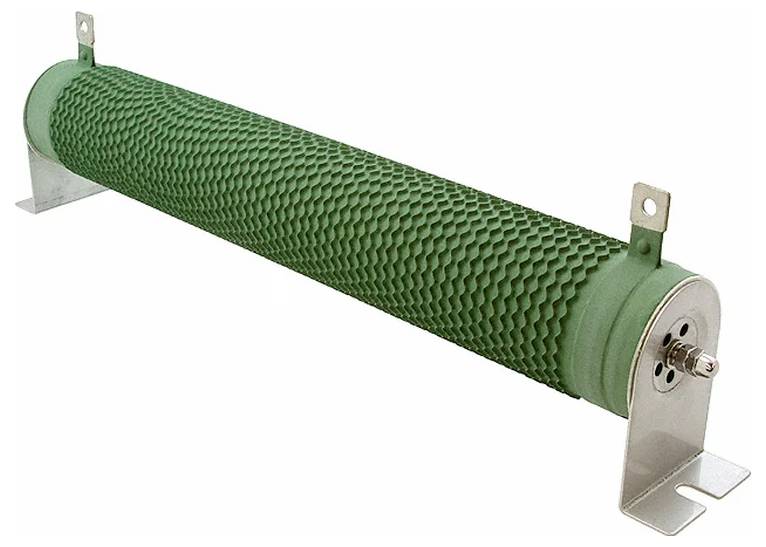 Ein grüner zylindrischer Widerstand mit strukturierter Oberfläche, auf Metallhalterungen montiert, wird in der Elektrotechnik zum Testen oder zur Regelung verwendet.