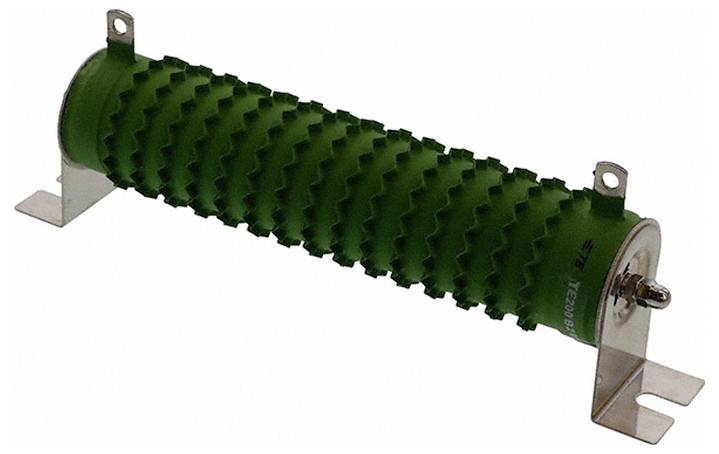 Ein grüner zylindrischer Leistungswiderstand mit Zickzack-Rillen, montiert auf Metallhalterungen zur Stabilisierung.