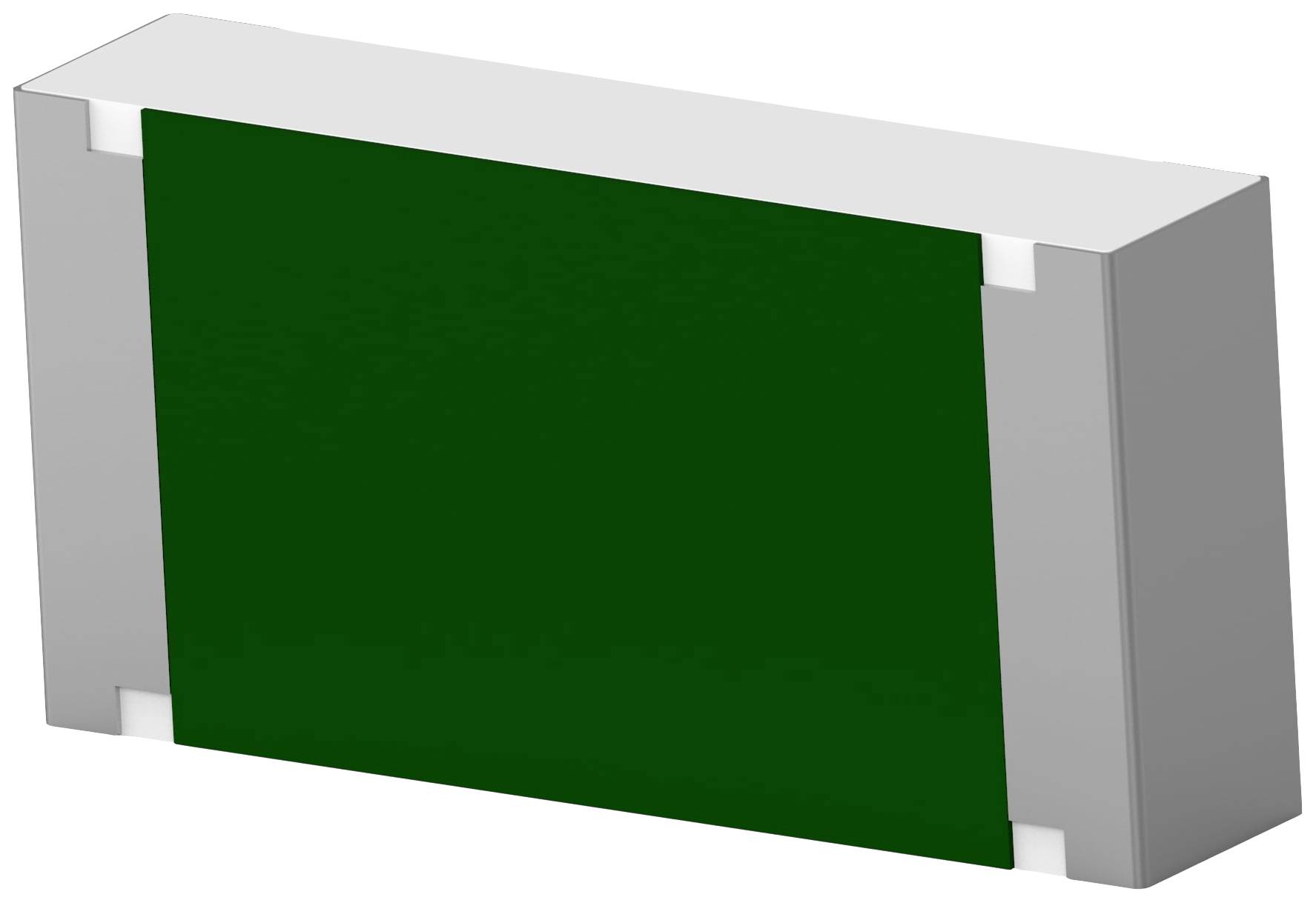 Ein rechteckiger elektronischer Chip mit silbernen Kontakten und einem dunkelgrünen zentralen Bereich.