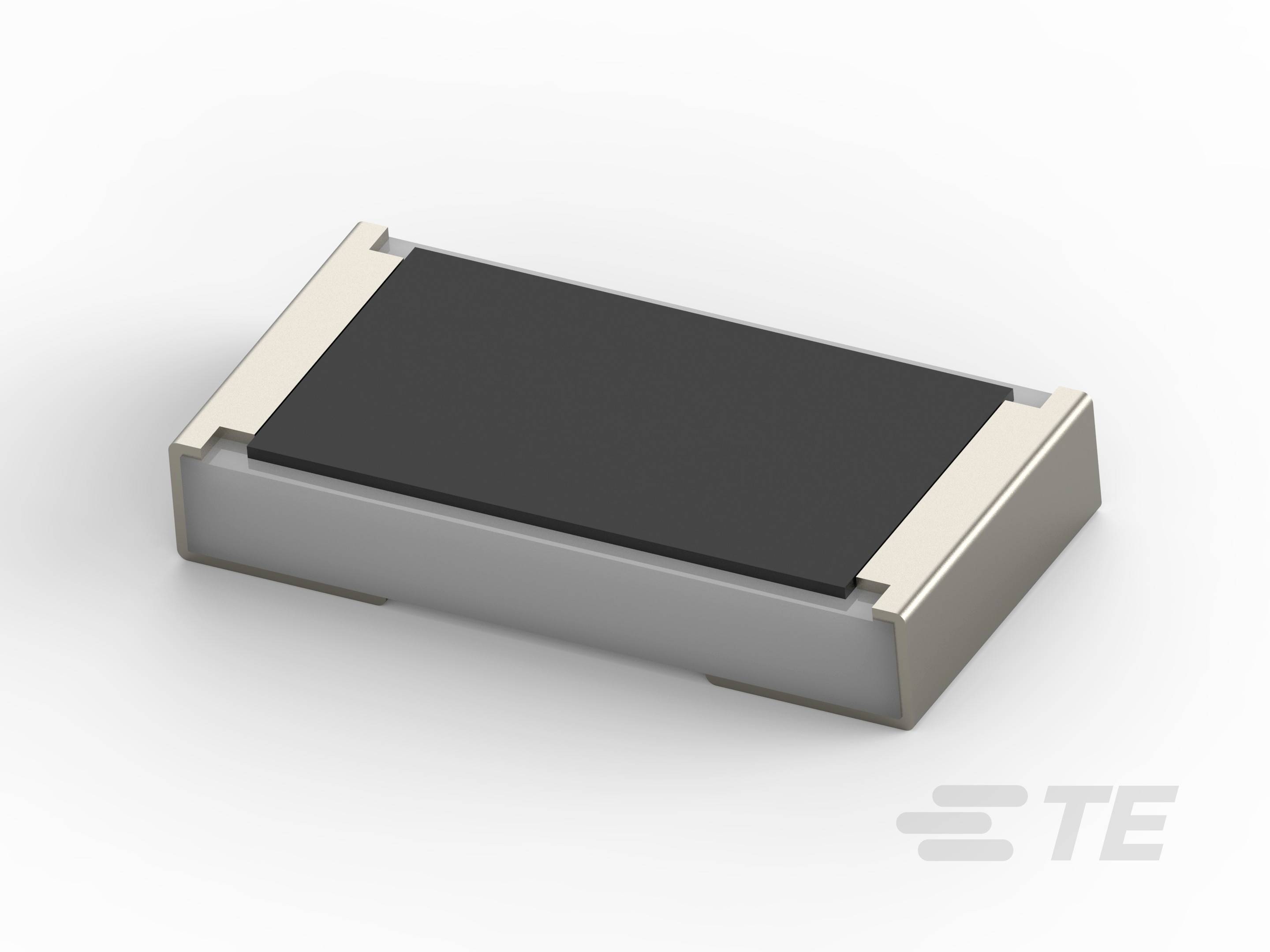 Ein rechteckiges elektronisches Bauteil mit zwei metallischen Kontakten an den gegenüberliegenden Seiten, auf weißem Hintergrund.