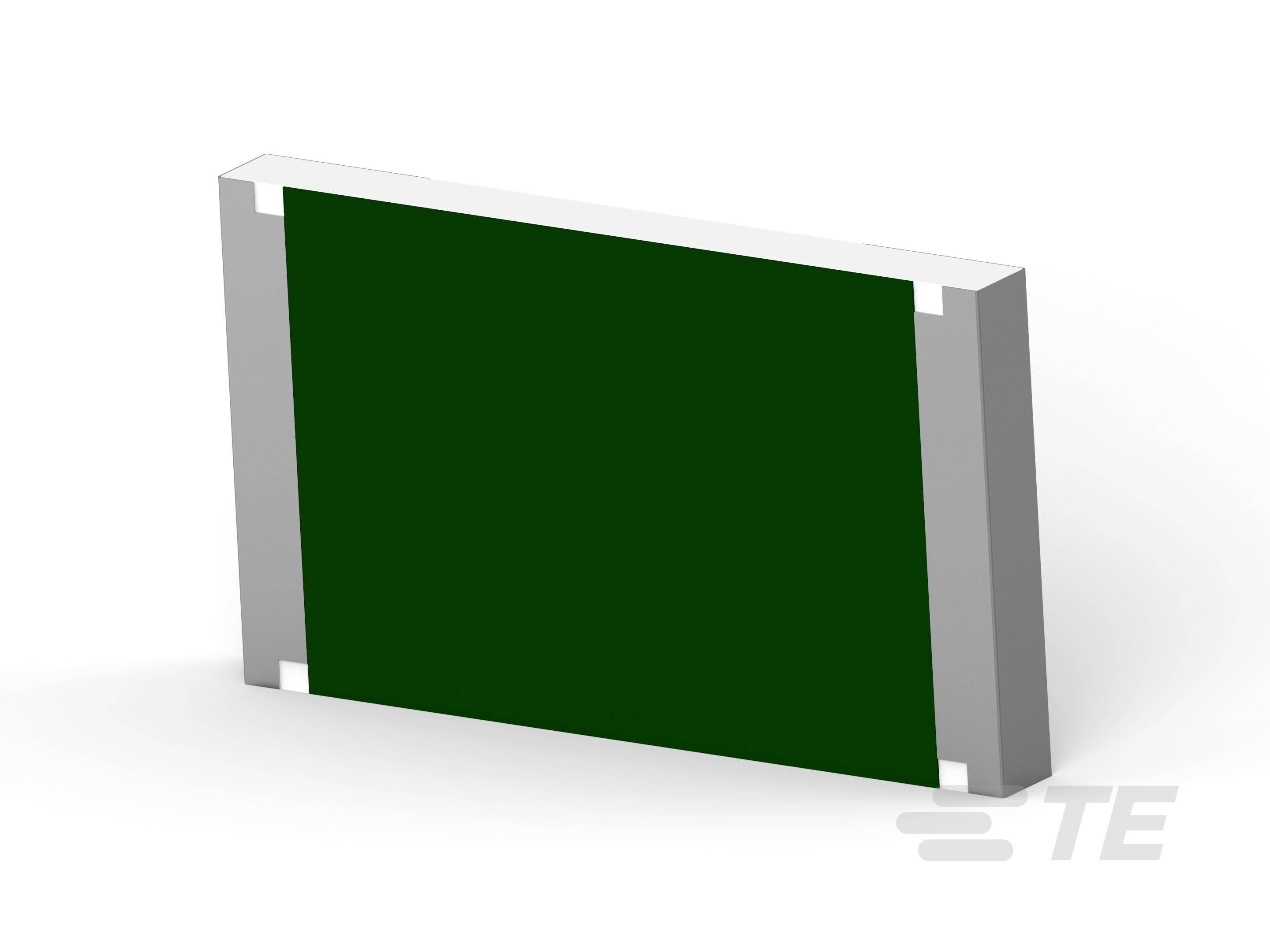 Elektronische Komponente, rechteckig, grün mit silbernen Endkappen. 3D-Darstellung vor weißem Hintergrund.