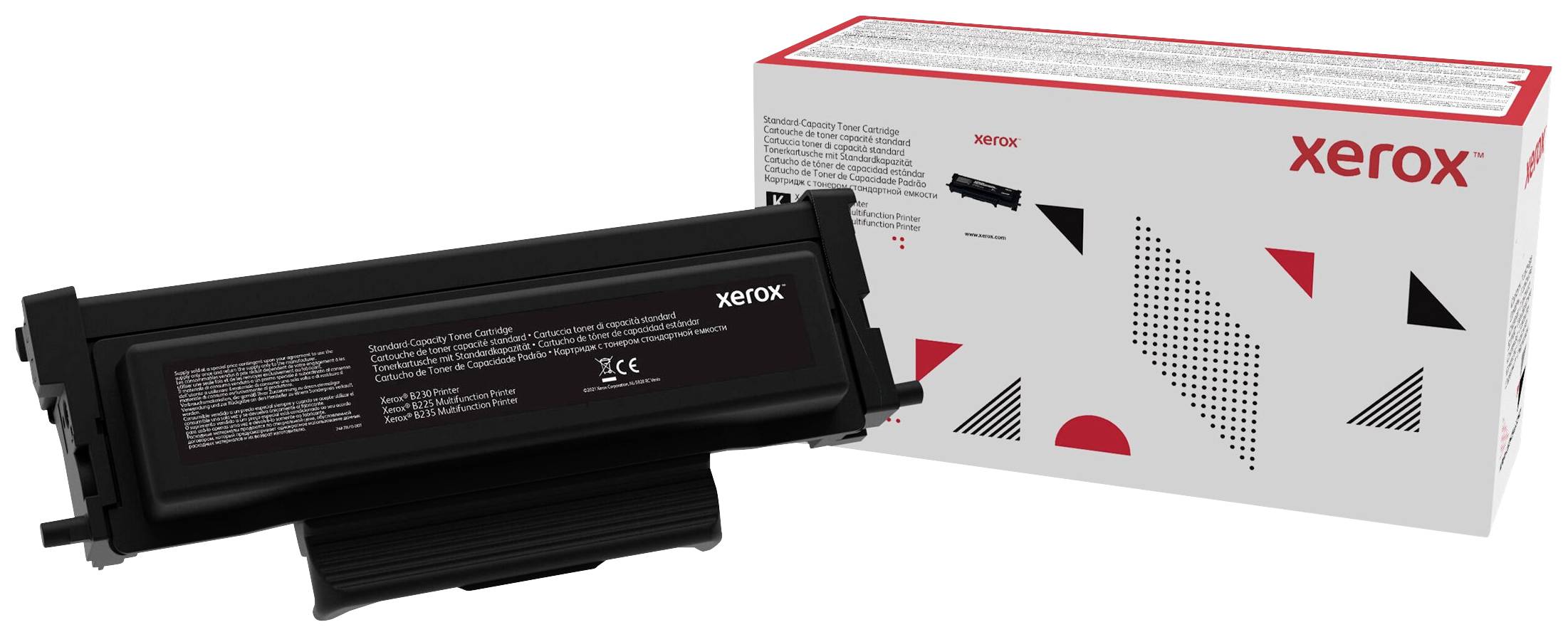 Dargestellt ist eine schwarze Tonerkartusche der Marke Xerox vor ihrer Verpackung. Die Packung zeigt geometrische Muster und das Xerox-Logo.