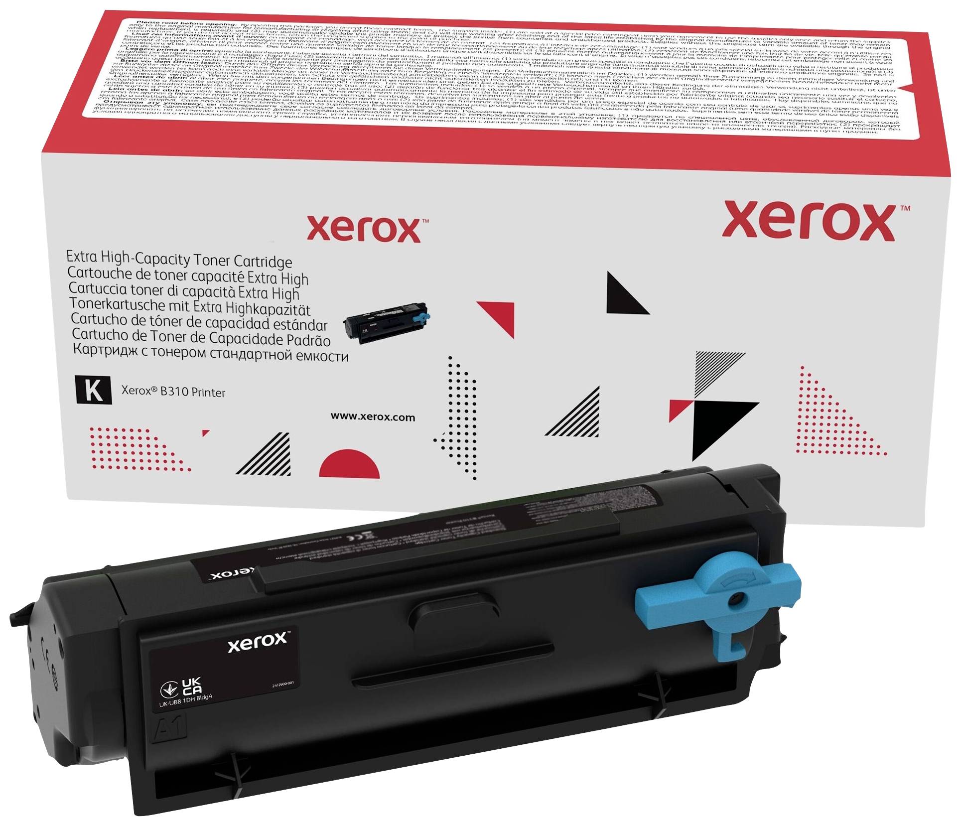 Tonerpatrone mit hoher Kapazität für Xerox 8130 Drucker. Verpackung und Patrone in Schwarz mit blauen Akzenten.