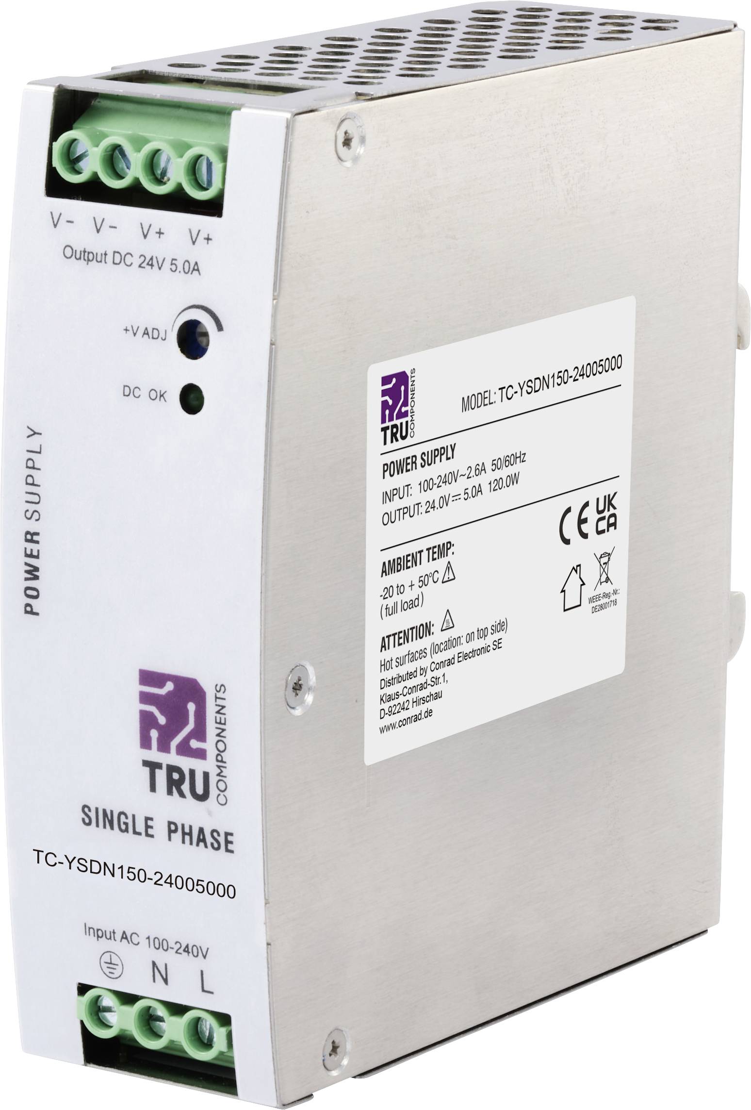 Industrielle TRU-Komponenten Einphasen-Stromversorgungsgerät mit Schraubklemmen und Etikett mit Modellbezeichnung TC-YSDN150-24005000, 24V DC-Ausgang