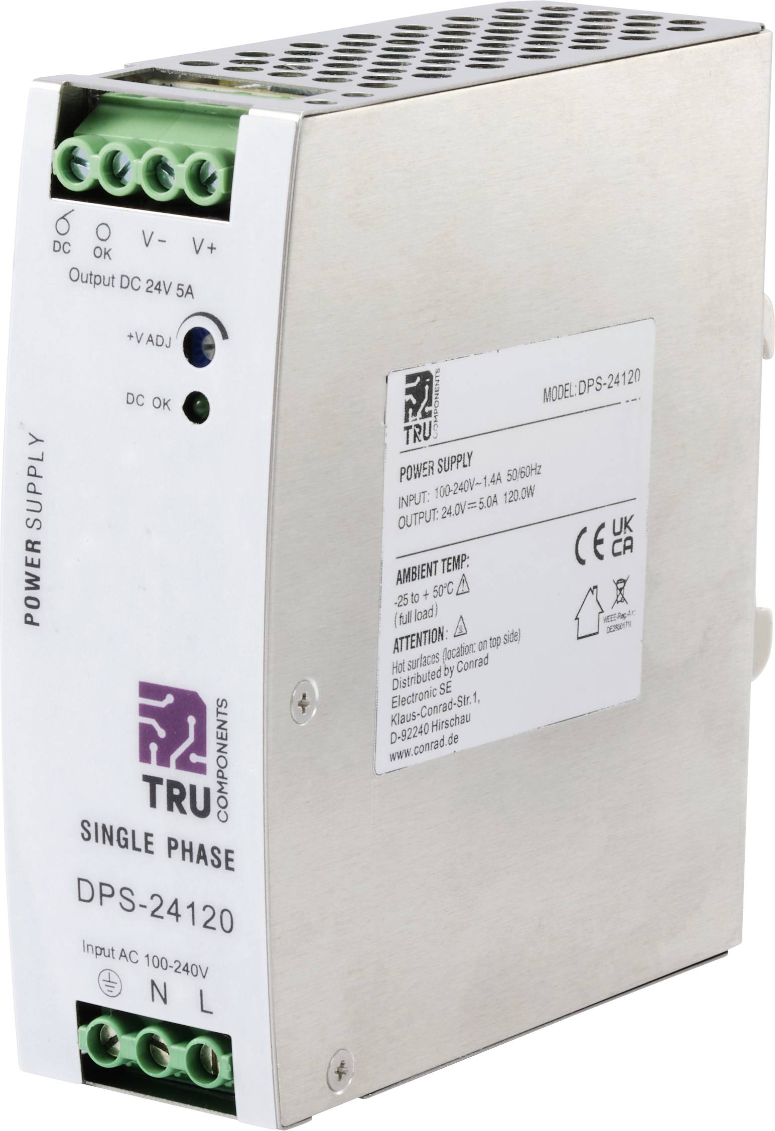 Einphasiges Netzteil DPS-24120 von TRU Components, Eingang AC 100-240V, Ausgang DC 24V/5A, für industrielle Anwendungen geeignet.