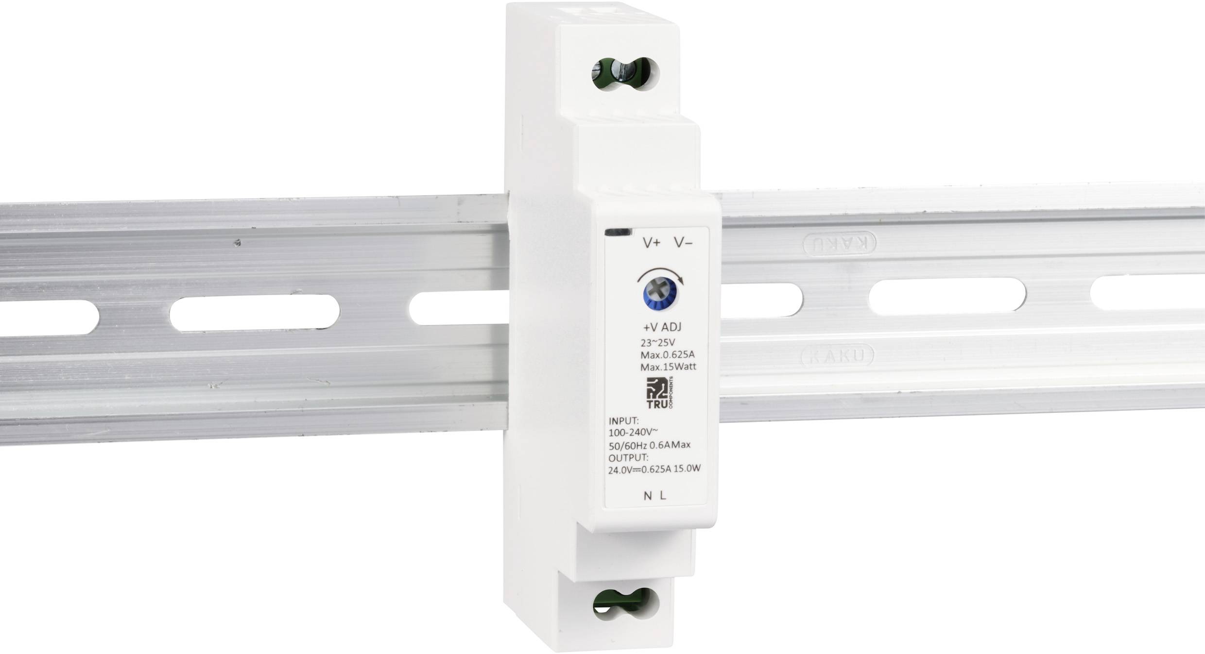 Weißes elektrisches Gerät, montiert auf einer DIN-Schiene, mit Anschlüssen oben und unten, zeigt Spezifikationen auf der Vorderseite.