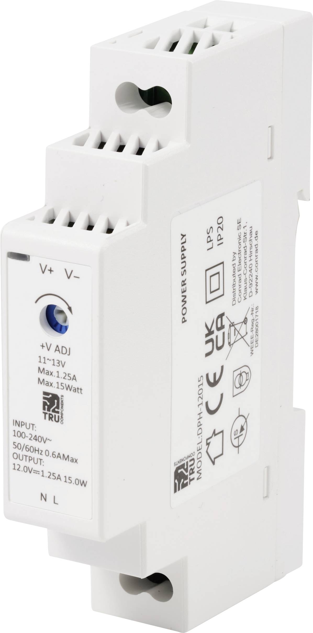 Ein weißes Netzteil mit Hersteller- und Modellspezifikationen auf der Vorderseite. Zeigt Eingang (100-240V) und Ausgang (12V max 1,25A).