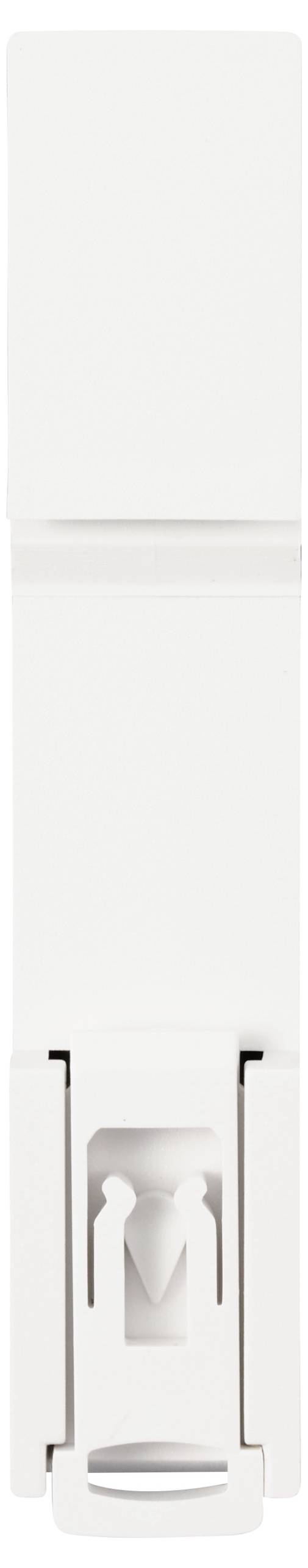 Weißes, längliches Kunststoffteil mit scharnierartiger Verbindung, möglicherweise ein Teil eines Verriegelungs- oder Befestigungssystems.