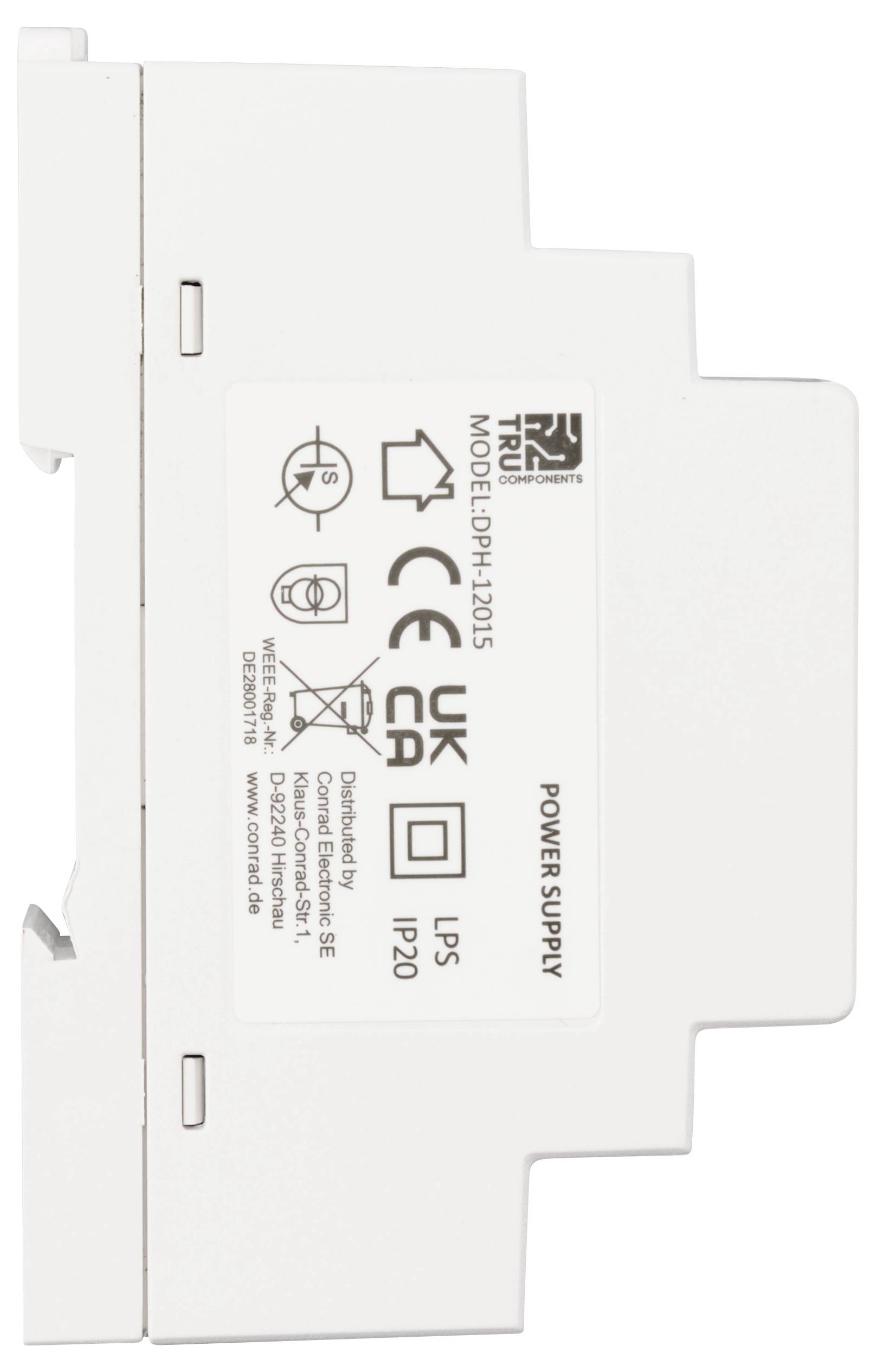 Ein weißes Netzteilmodul mit Produktinformation und Prüfsiegeln auf der Seite. Geeignet für die Montage in einem Schaltschrank.