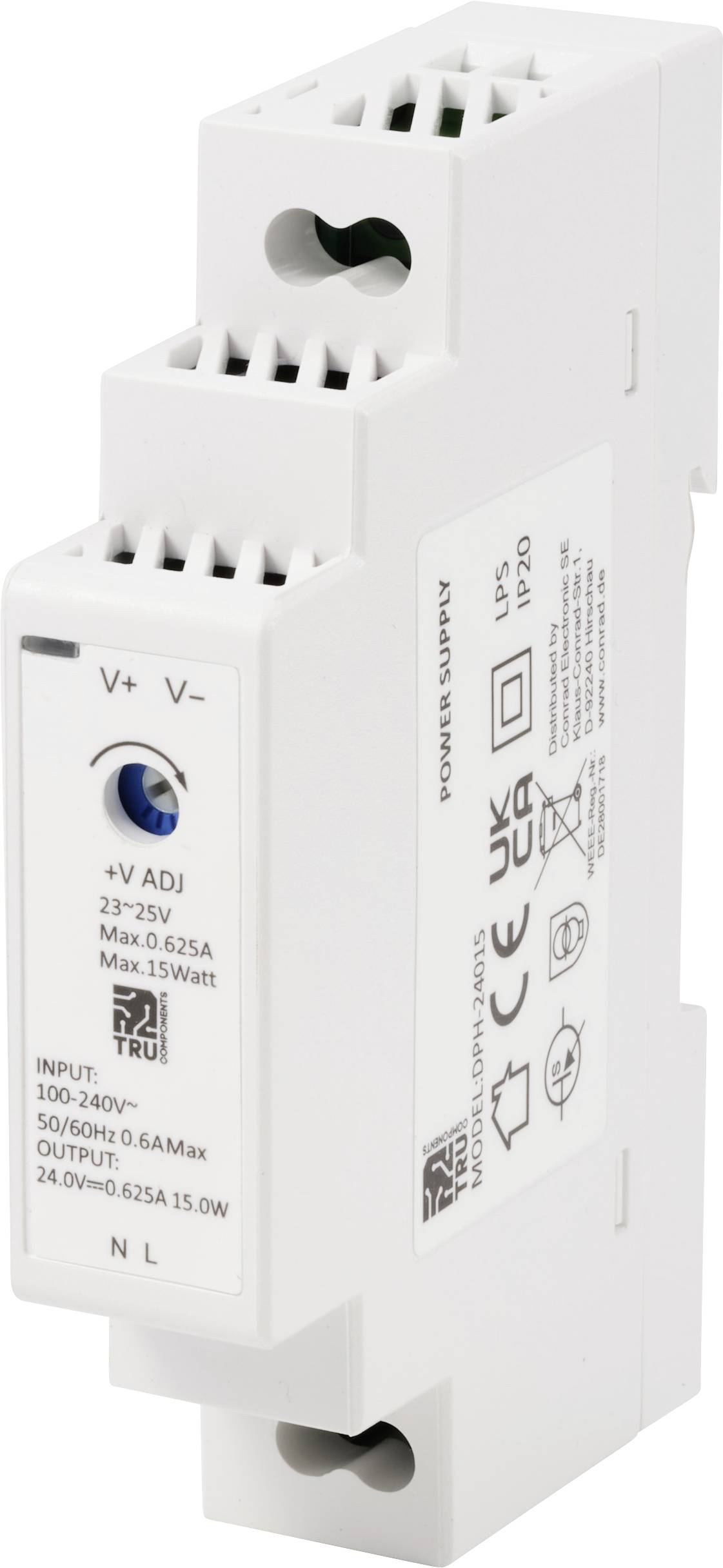 Ein kompaktes Weißes Netzteil mit Aufdruck der Spezifikationen, geeignet für 23-25V Geräte. Enthält Anschlüsse für Input und Output.