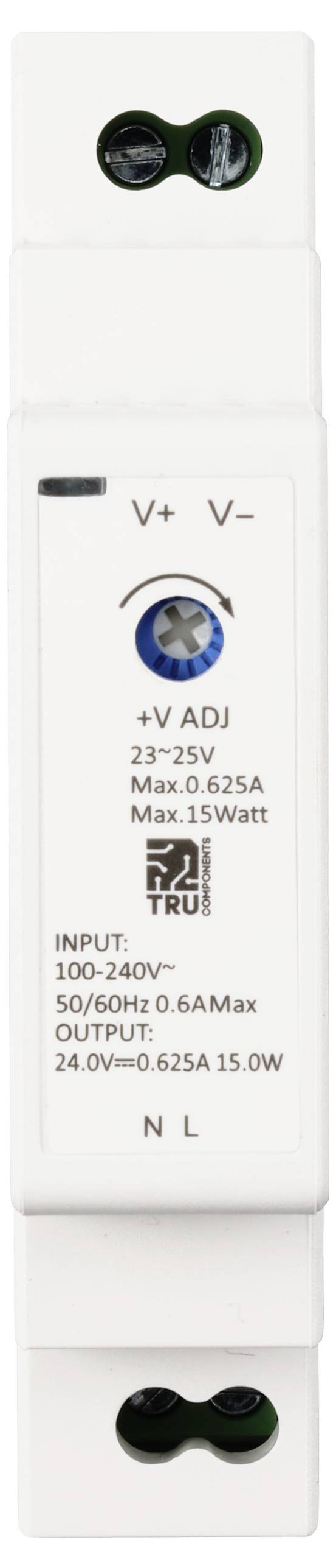 Ein weißes elektrisches Gerät mit Anschlüssen und Beschriftungen für Eingang und Ausgangsspannung, geeignet für 23-25V und 15 Watt.