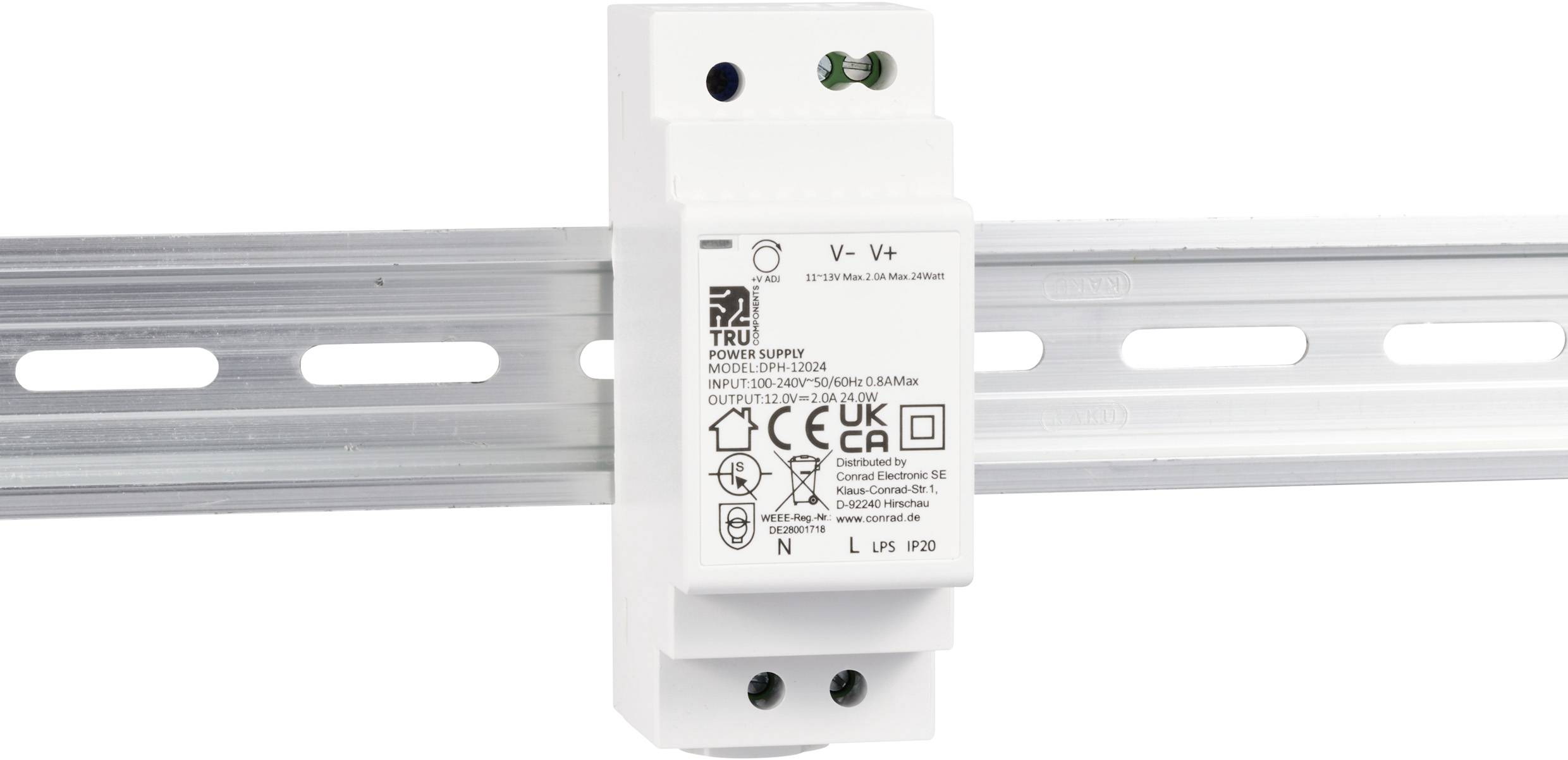 Ein Schaltnetzteil auf einer DIN-Schiene montiert, mit CE- und UKCA-Kennzeichnung, Modellnummer LPV-20-12, und elektrischen Anschlüssen.